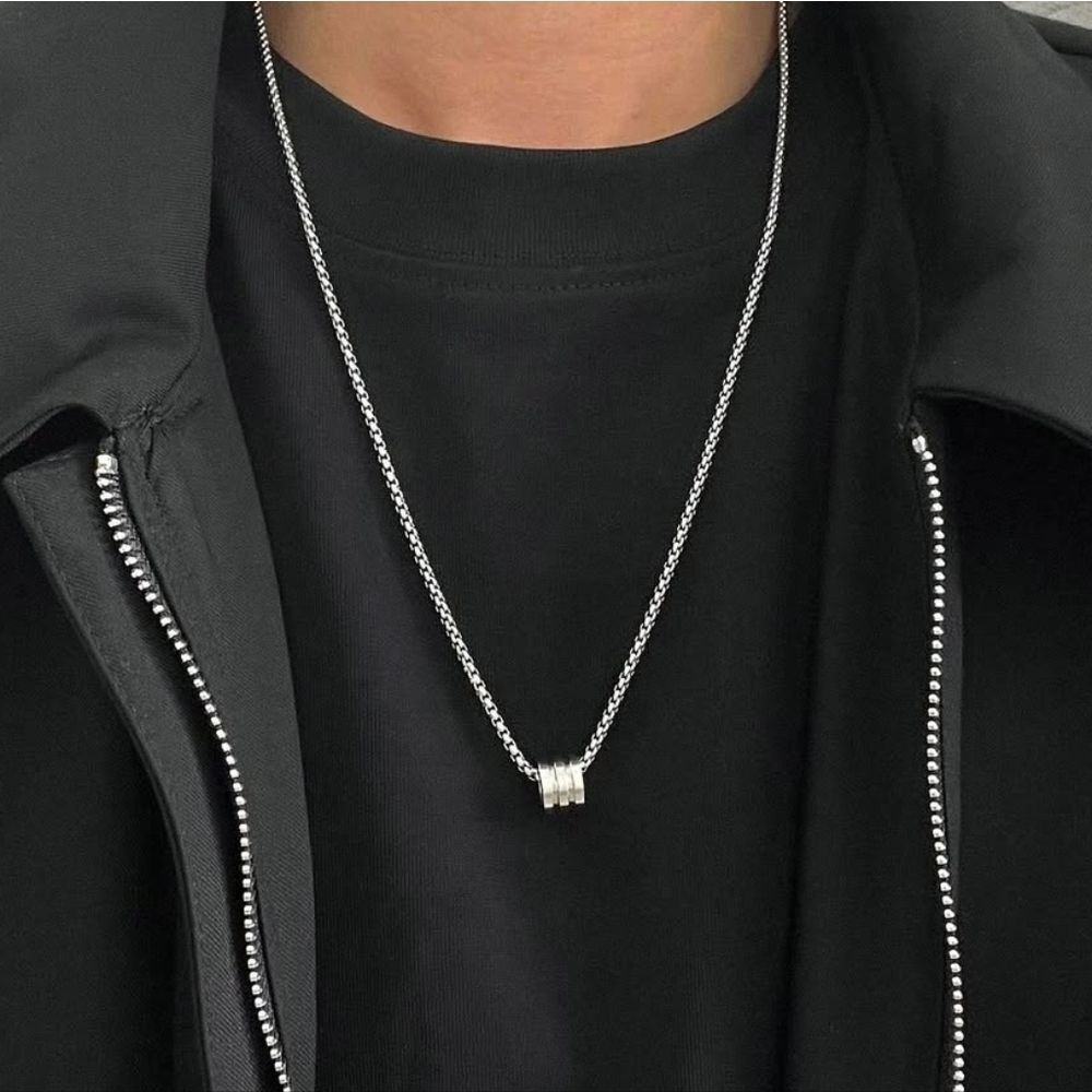 Men’s Titanium Steel Silver Cylinder Barrel Pendant Necklace Hip Hop Minimal 24"